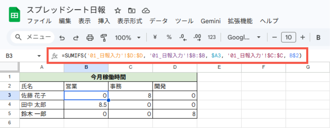 スプレッドシート日報　SUMIFS関数の例