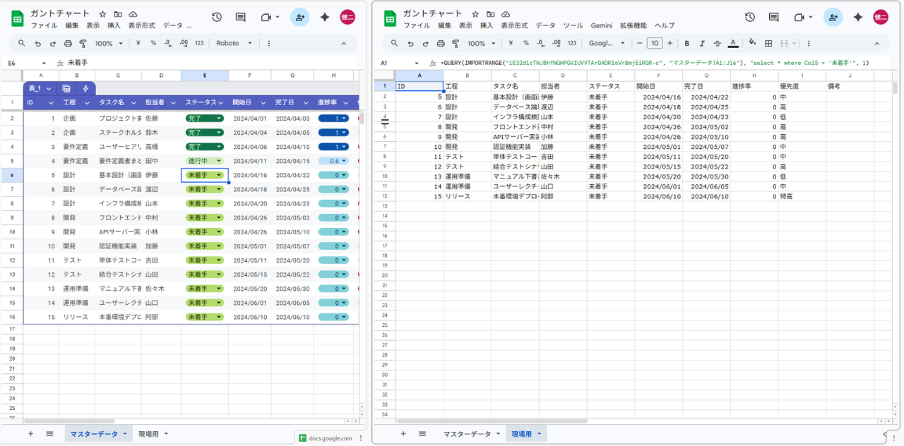 スプレッドシート　IMPORTRANGE関数の例