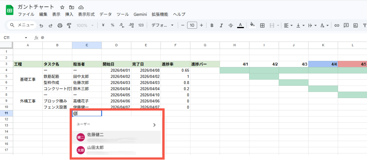 スプレッドシート　スマートチップの例