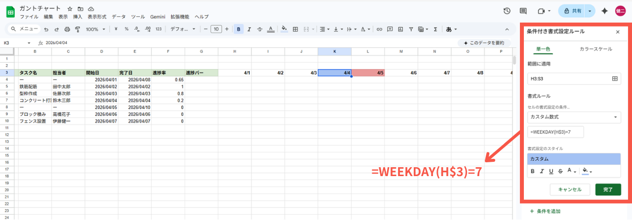 スプレッドシート　 WEEKDAY 関数の例