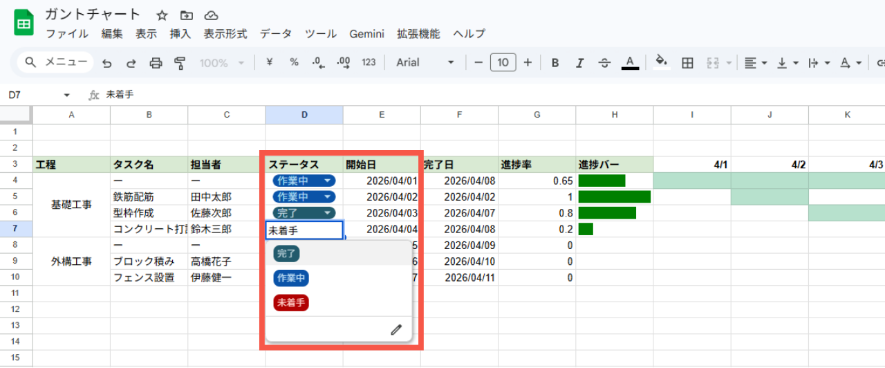 スプレッドシート　プルダウンの例