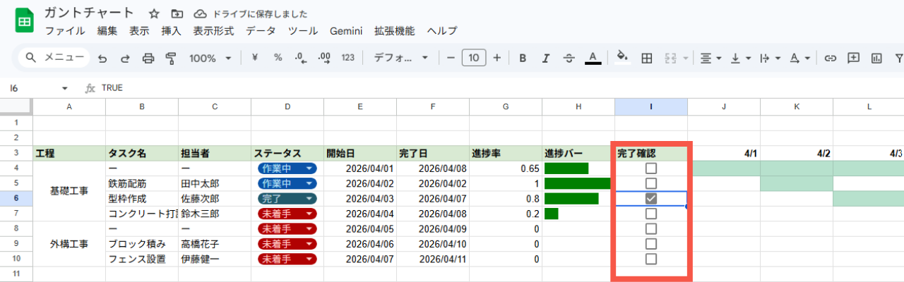 スプレッドシート　チェックボックスの例
